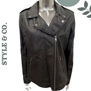 Style & Co Faux Leather Moto Jacket Black Zip Front Vegan Leather Medium.-